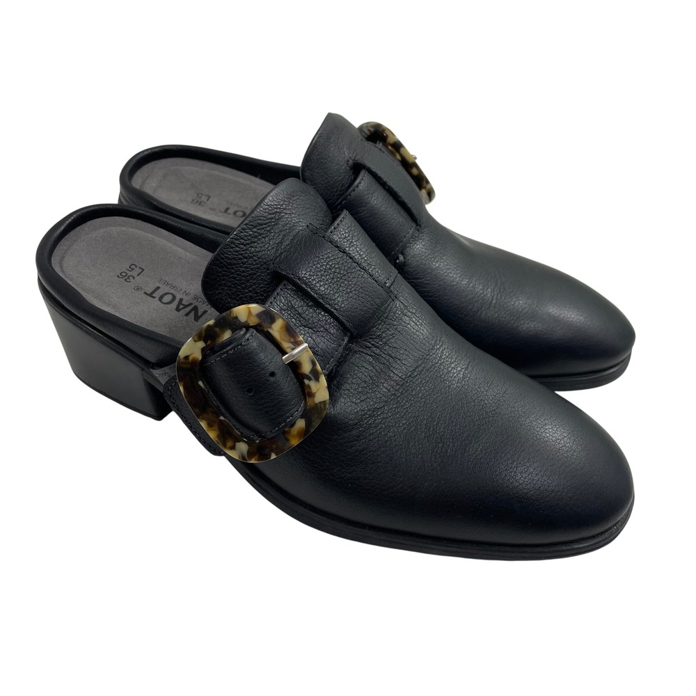 NEW Naot Choice Black Leather Tortoise Buckle Block Heel Mule Shoe 36 US‎ 5-5.5
